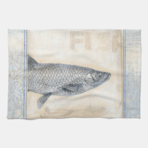 ベージュ背景の灰色の魚 キッチンタオル