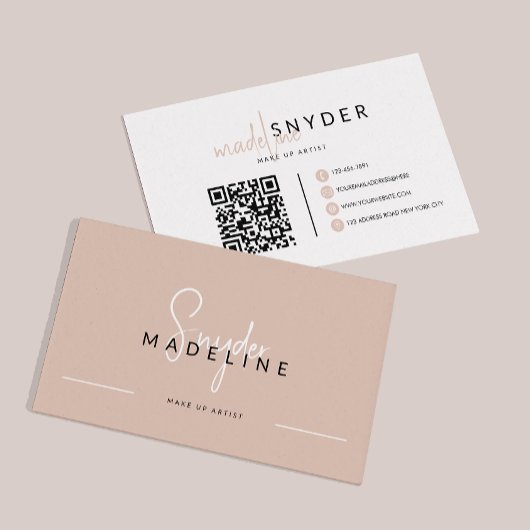 ベージュ自然書道タイポグラフィQRコード 名刺