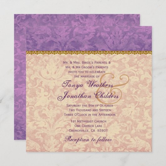 ベージュ色とパープルダマスクウェディングテンプレートV12 招待状 (正面/裏面)