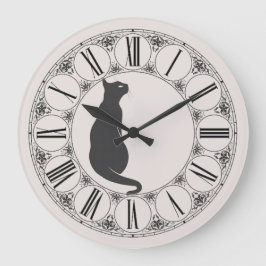 ベージュ色と黒猫とローマ数字顔 ラージ壁時計