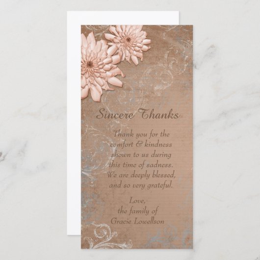 ベージュ色のタンの花の悔やみや弔慰は感謝していしています サンキューカード (正面/裏面)