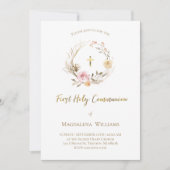 ベージュ色のピンクの花 | First Holy Communion 招待状 (正面)