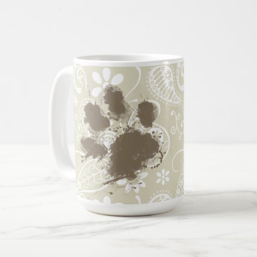 ベージュ色のペイズリーのおもしろいなPawprint コーヒーマグカップ (正面左)