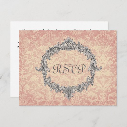 ベージュ色のモモのダマスク織のヴィンテージRSVPの結婚式の応答 出欠カード (正面/裏面)