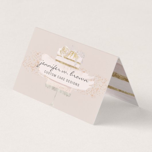 ベージュ色の結婚式ケーキパティシエ 名刺 (正面)