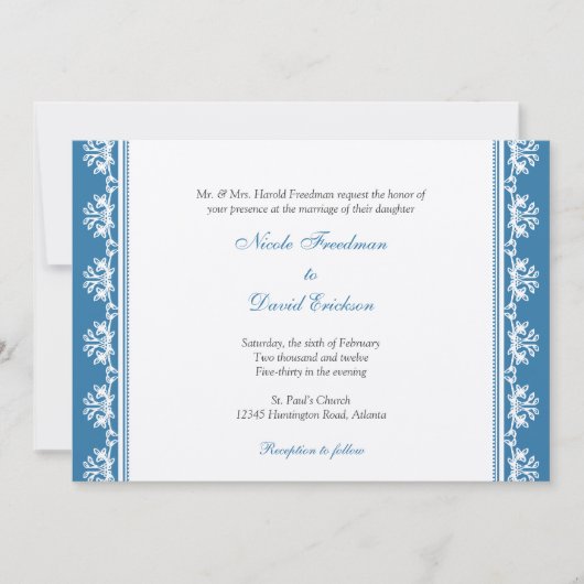 ベージュ色の青い映画縁どを飾った特別結婚式 招待状 (正面)