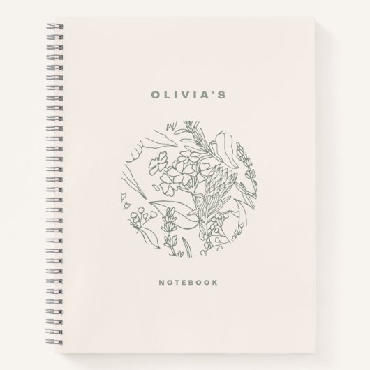 ベージュ色エレガントセージ緑の花ハーブスパイラル ノートブック (正面)