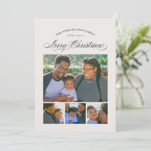 ベージュ色エレガント4枚フォトメリークリスマスカード シーズンカード (スタンド正面)