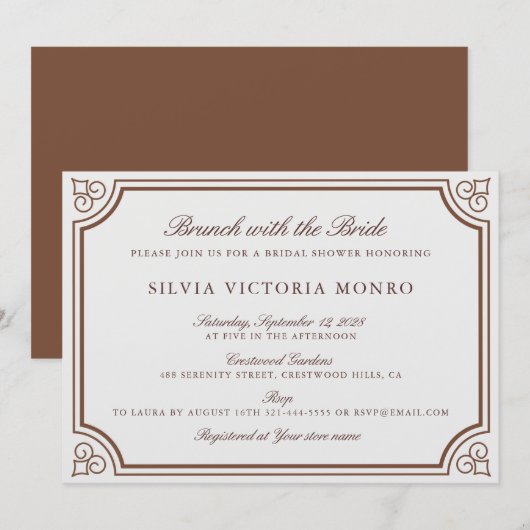 ベージュ色クラシックブルンチウィズザブライドブライダルシャワー 招待状 (正面/裏面)