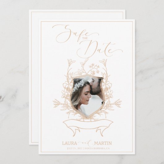 ベージュ色クレストフローラフォトエレガントフレーム招待状 招待状 (正面/裏面)