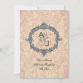 ベージュ色ダマスクシルバーヴィンテージフレームモ結婚ノグラム 招待状 (裏面)