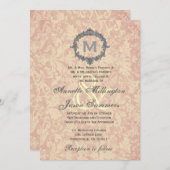 ベージュ色ダマスクシルバーヴィンテージフレームモ結婚ノグラム 招待状 (正面/裏面)