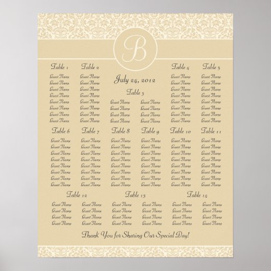 ベージュ色ダマスコウェディング披露宴シーティングチャート ポスター (正面)