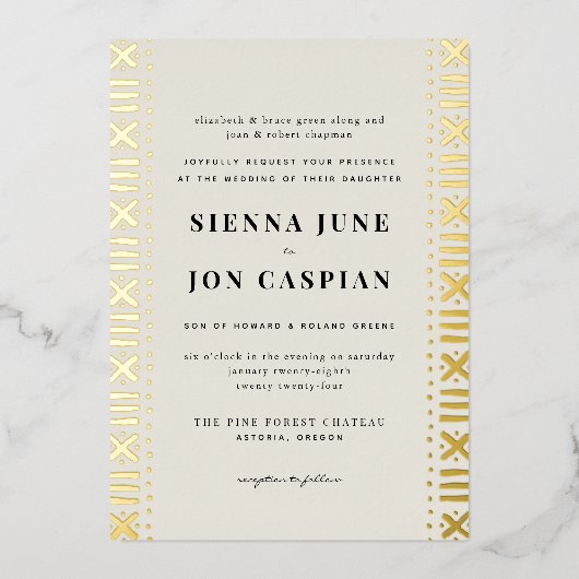 ベージュ色ボホムドク縁どロ 箔招待状 (正面)