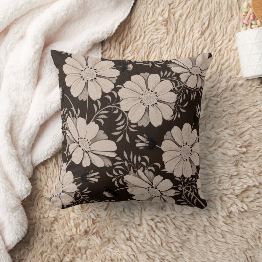 ベージュ色及び黒色花柄 クッション (ブランケット)