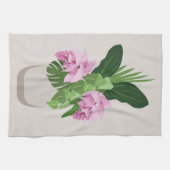ベージュ花瓶の熱帯メディニラピンクの花 キッチンタオル (横)