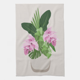ベージュ花瓶の熱帯メディニラピンクの花 キッチンタオル