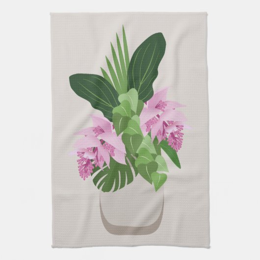 ベージュ花瓶の熱帯メディニラピンクの花 キッチンタオル (縦)