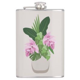 ベージュ花瓶の熱帯メディニラピンクの花 フラスク