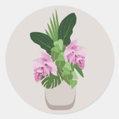 ベージュ花瓶の熱帯メディニラピンクの花 ラウンドシール (正面)