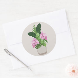 ベージュ花瓶の熱帯メディニラピンクの花 ラウンドシール