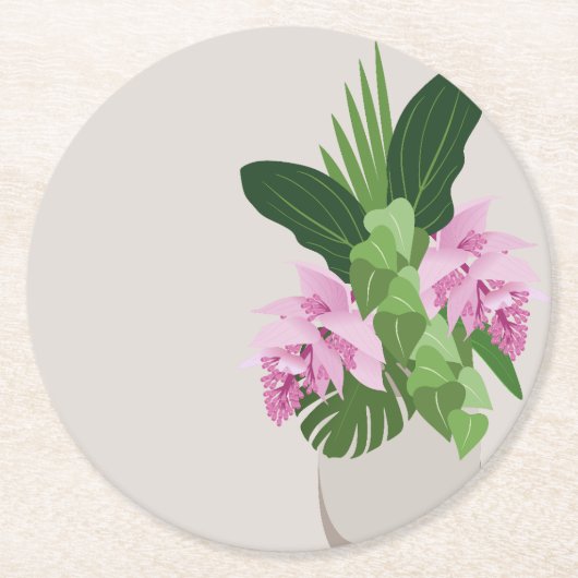 ベージュ花瓶の熱帯メディニラピンクの花 ラウンドペーパーコースター (正面)