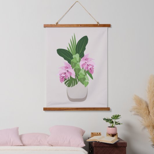 ベージュ花瓶の熱帯メディニラピンクの花 吊り下げ型タペストリー (寝室)