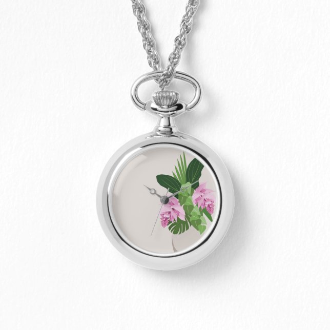 ベージュ花瓶の熱帯メディニラピンクの花 腕時計 (正面)