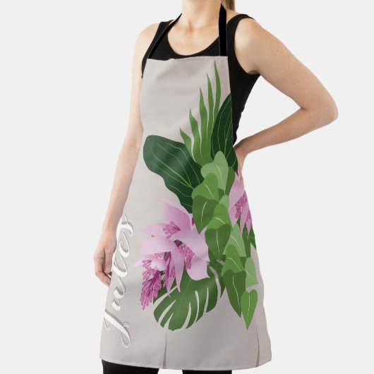 ベージュ花瓶名の熱帯メディニラピンクの花 エプロン (インサイチュ)