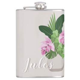 ベージュ花瓶名の熱帯メディニラピンクの花 フラスク