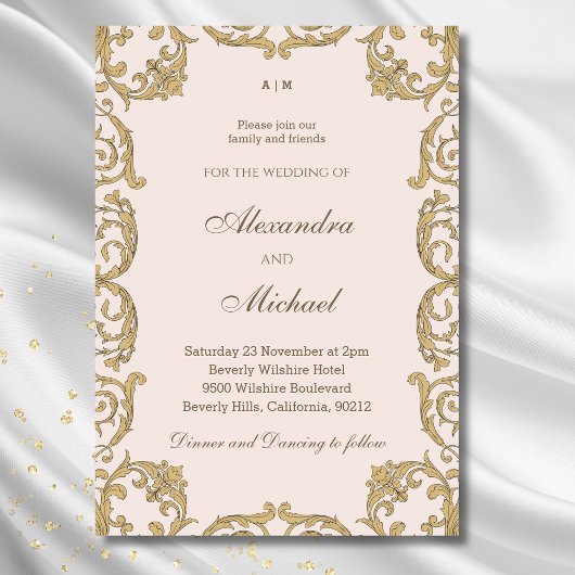 ベージュ華美モノグラムヴィンテージバロ結婚ーク 招待状