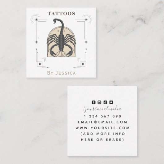 ベージュ蠍座イラストレーションタトゥーアーティストミスティック スクエア名刺 (正面/裏面)