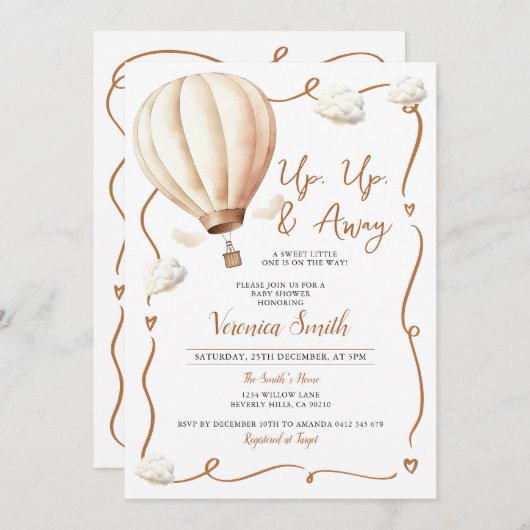 ベージュ赤ちゃんシャワー熱気球、上遠くにと 招待状 (正面/裏面)