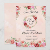 ベージュ赤水彩花柄カード, エレガントな花の 招待状 (正面/裏面)