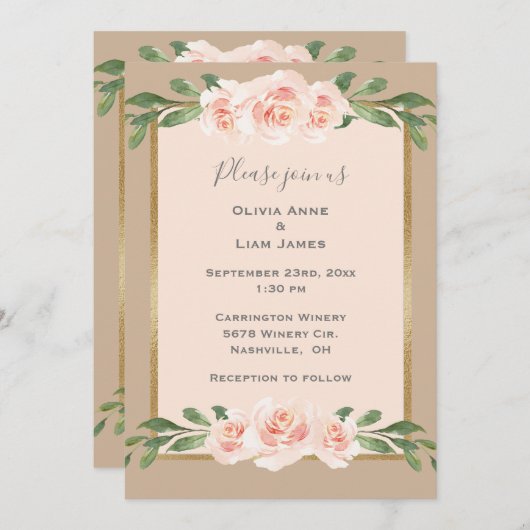 ベージュ赤面フローラロマンエレガントモダン結婚ティック 招待状 (正面/裏面)