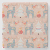 ベージュ赤面北欧トナカイフローラクリスマスツリー ストーンコースター (正面)