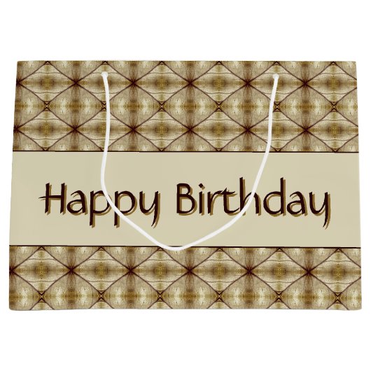 ベージュ金ゴールドとダークブラウンパターン（の模様が）ある ラージペーパーバッグ (正面)