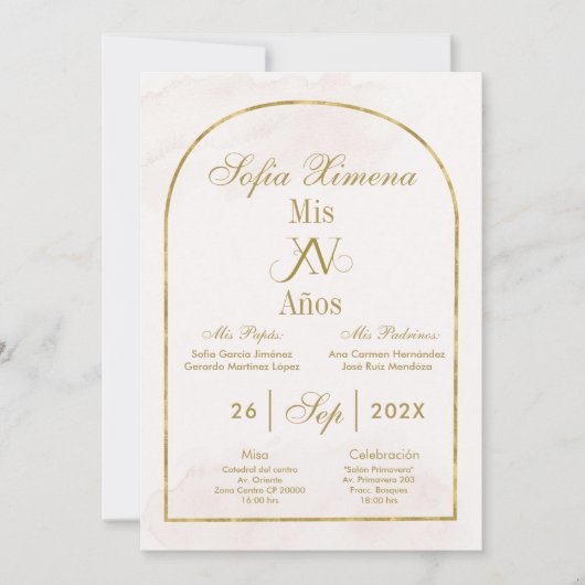 ベージュ金ゴールドアーチキンセアニラ 招待状 (正面)