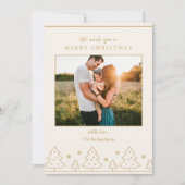 ベージュ金ゴールドクリスマスツリー2枚フォトホリデーカード 招待状 (正面)