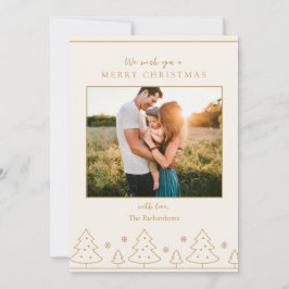 ベージュ金ゴールドクリスマスツリー2枚フォトホリデーカード 招待状