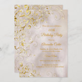 ベージュ金ゴールドスワールグリッター誕生日パーティー 招待状 (正面/裏面)
