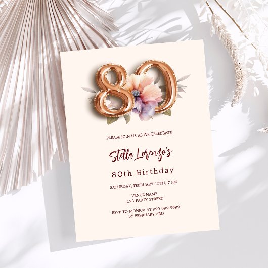 ベージュ金ゴールドピーチフローラ80th birthday invitation