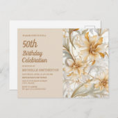 ベージュ金ゴールドフローラ女子50誕生日 インビテーションポストカード (正面/裏面)
