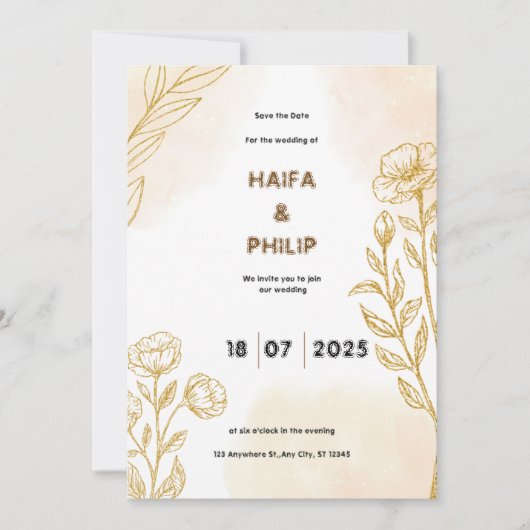 ベージュ金ゴールドフローラ繊細な結婚光の侵入 招待状 (正面)