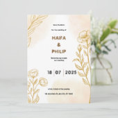 ベージュ金ゴールドフローラ繊細な結婚光の侵入 招待状 (スタンド正面)