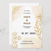 ベージュ金ゴールドフローラ繊細な結婚光の侵入 招待状 (正面/裏面)