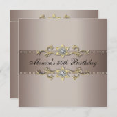 ベージュ金ゴールド女性50th誕生日パーティー 招待状 (正面/裏面)