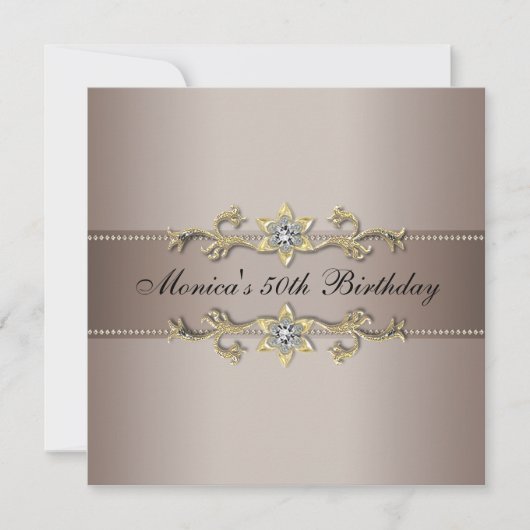 ベージュ金ゴールド女性50th誕生日パーティー 招待状 (正面)