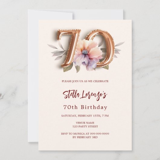 ベージュ金ゴールド桃フローラ70歳の誕生日 招待状 (正面)