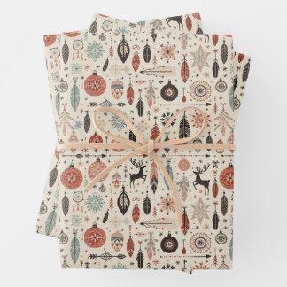 ベージュ魅力的リスマスフェザーとトナカイ ラッピングペーパーシート